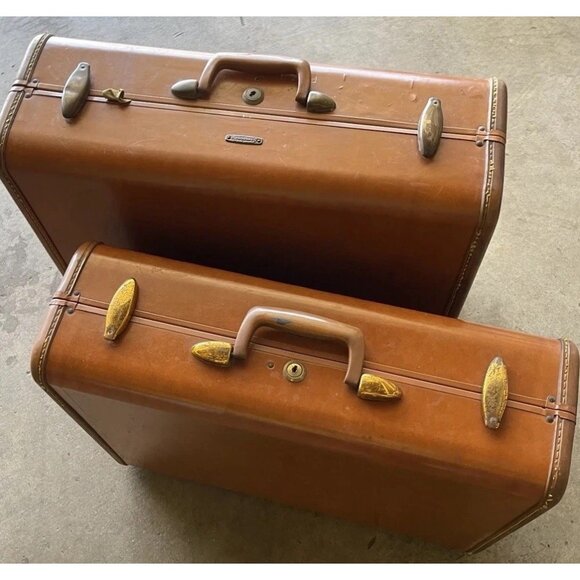 Samsonite Vintage Streamlite Suitcases Luggage Solid Brown 1950s RARE Style 4651 - Picture 2 of 16